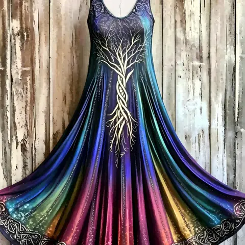 Women's Plus Size New Spring Summer Loose Fit Dress, Creative Pattern Totem Print, Sleeveless Dress, Trendy and Versatile, Bohemian Dress