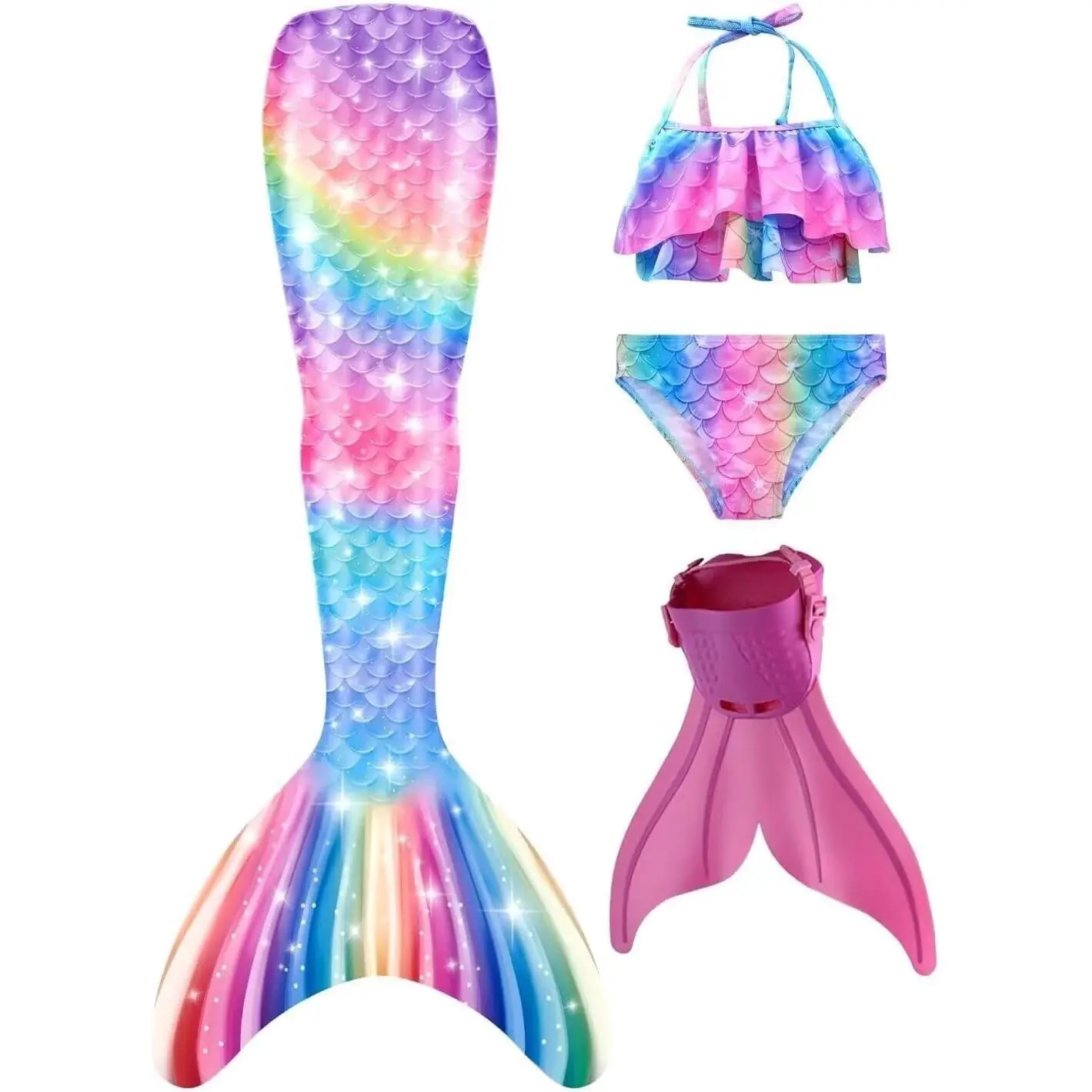 Mermaid Tails Swimsuit for Girls with Monofin for Summer Beach Water Sports (FENFEN-M9)