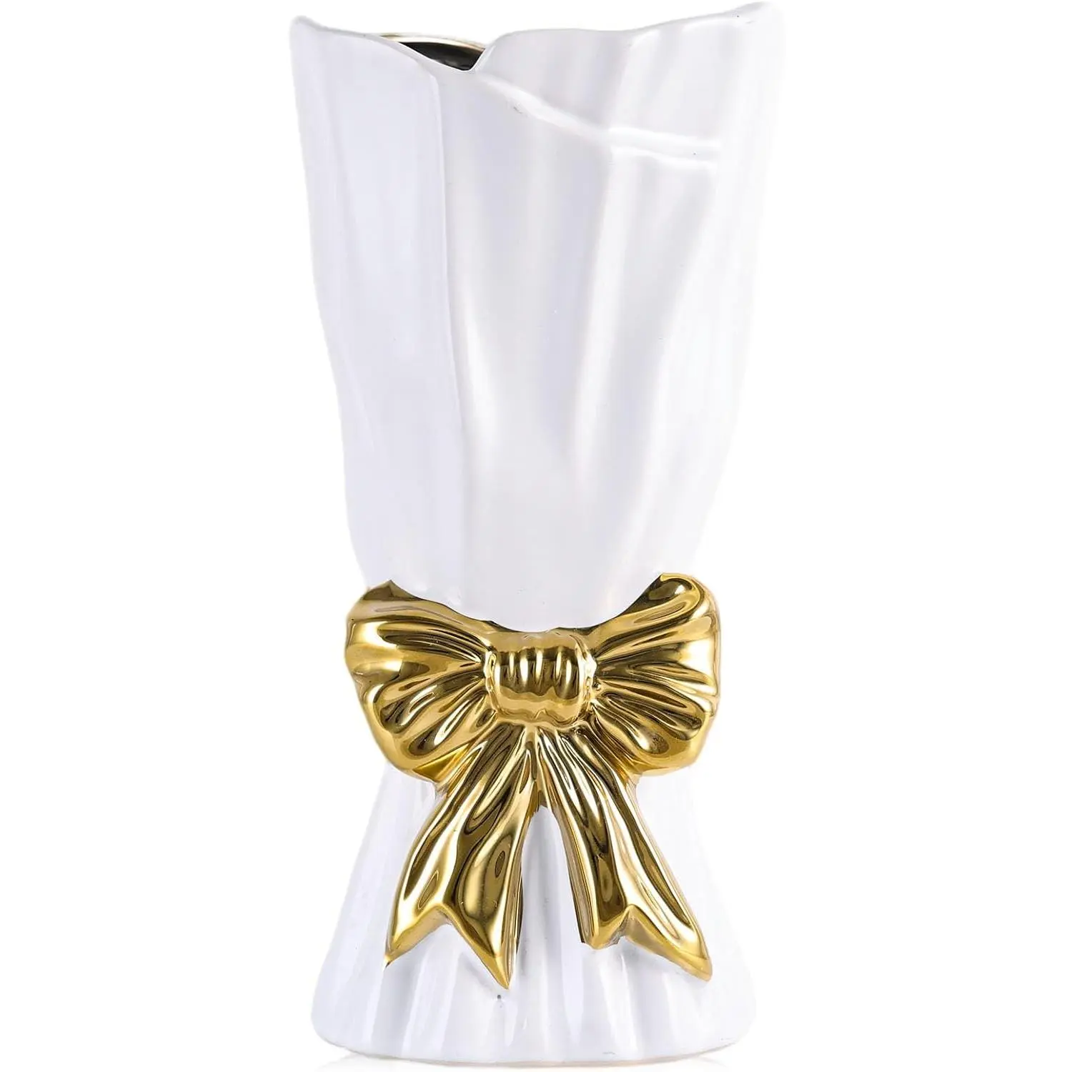Ceramic Bow Vase,White Gold Coquette Girly Bouquet Vase Aesthetic, 9.4 in Tall Wide Mouth Floral Vases for Fresh/Dried/Faux Flowers,Cute Home Decor for Home Living Room Table Shelf,for Mom Women