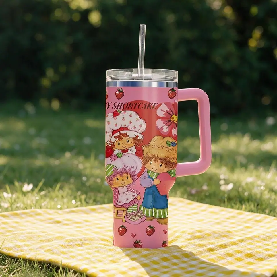 Large Capacity Strawberry Girl Car Cup with Handle, Excellent Insulation, Ideal for School and Outdoor Use, Designed for Girls, Insulated Bottle