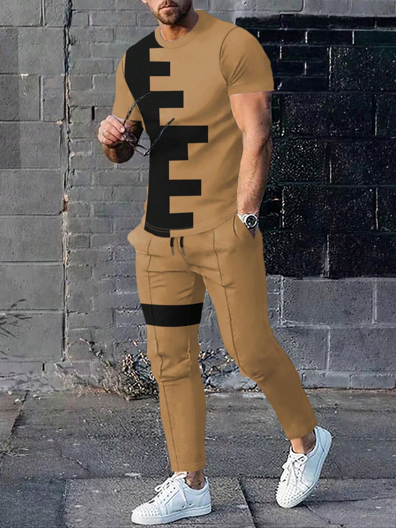 Two Counts Men's Patchwork Colorblock Print Pocket Pants Set, Casual Short Sleeve Fitted Crewneck Round Neck Jersey Tee & Drawstring Waist Pants Casual Trousers, Men's 2 Piece Set, T Shirt Set, Fashion Men's Outfits For Summer, Clothing, Menswear