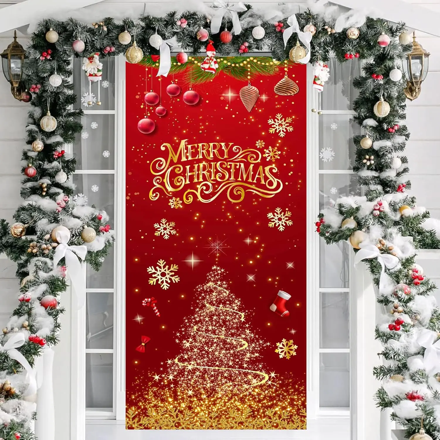 Christmas Door Banner Christmas Front Door Cover with Snowflakes and Lettering for Xmas Winter Seasonal Holiday Party Porch Wall   Year Entryway Decoration