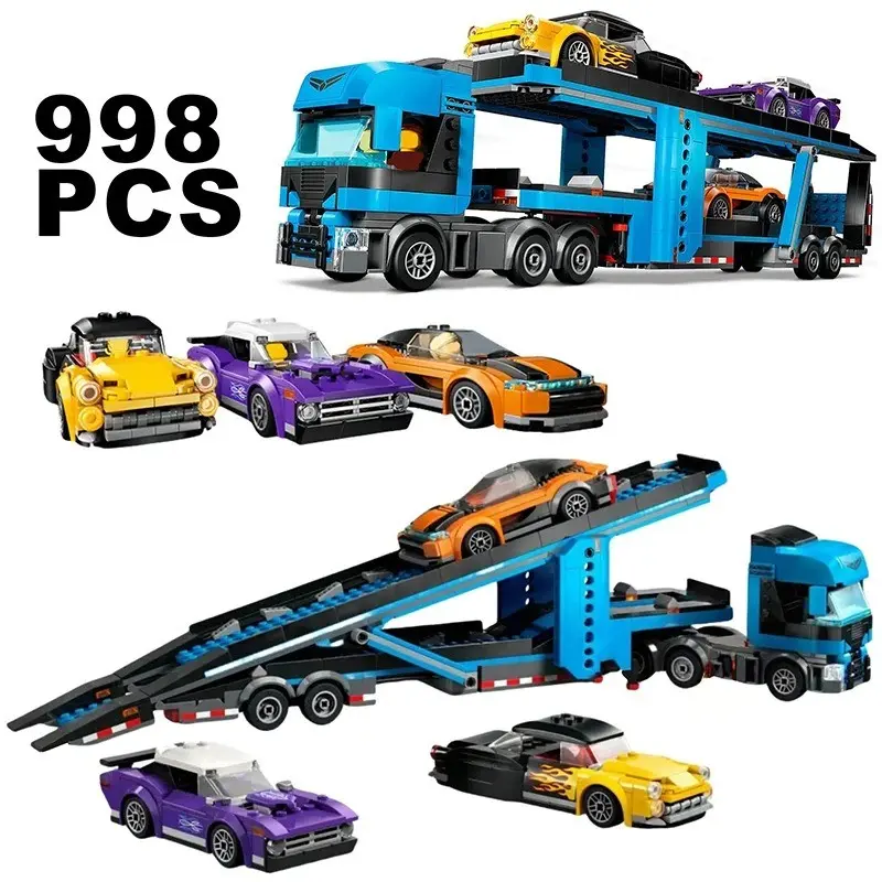 New Dual-Layer Cargo Truck Building Set, Expandable Ramp Transporter with 3 Racing Cars, City Vehicle Model Kit, Kids Craft Gift