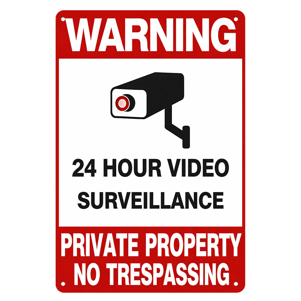 Warning 24 Hour Video Surveillance Private Property No Trespassing Aluminum Metal Sign 8"×12", Waterproof Red Border Security Wall Plaque, Western Casual Outdoor Decor Gift for Yard, Cabin, Farm & Housewarming