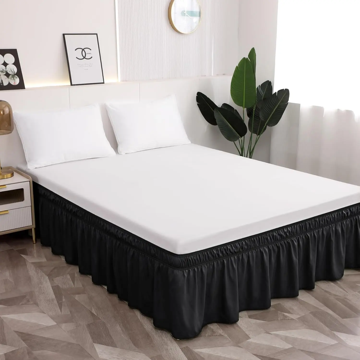Easy to Install Wrap Around Bed Skirt Three Fabric Sides Elastic Dust Ruffled 16 Inch Tailored Drop, Fade Resistant, Black, Twin/Twin XL