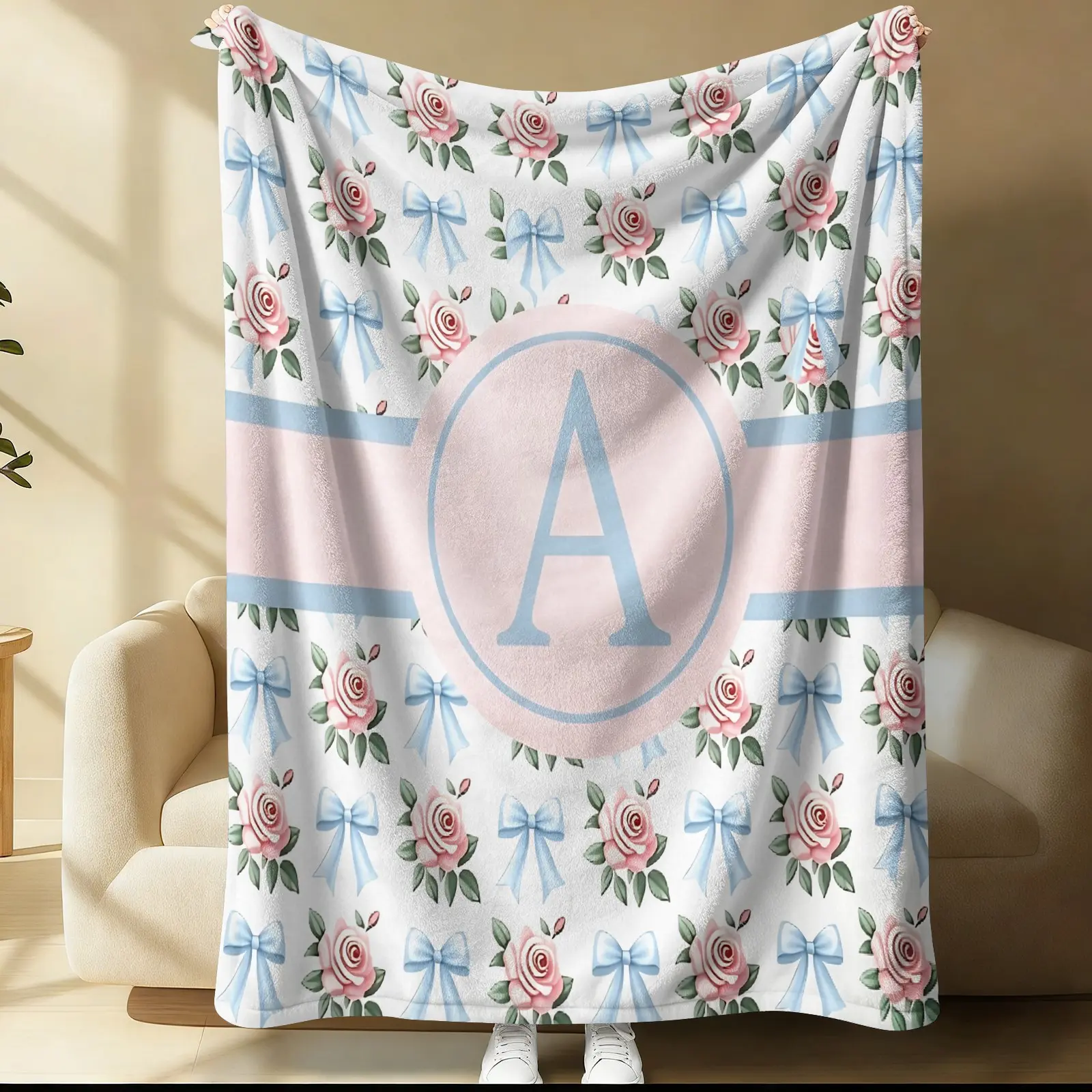 Coquette Preppy Initial A Print Flannel Blanket, Pink Rose Bow Throw Blanket, Girly Floral Warm Blanket for Teen Girls, Soft Cute Aesthetic Gift Blanket, Cozy for Couch Bed Sofa, Cute Gift Blanket for Teen Girls Bedroom & Dorm