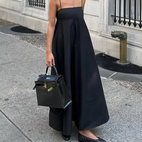 Women's Solid Color Spaghetti Strap Dress, Casual Sleeveless Long Dress for Vacation, Simple Summer Wear, Ladies Elegant Clothing, Black Dress, Elegant Fashion Dress