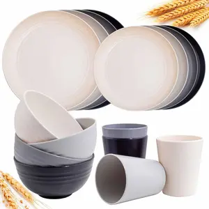 Wheat Straw Dinnerware Sets, 16PCS Plastic Dinnerware Set for 4, Wheat Straw Plates and Bowls Sets, Unbreakable Dinnerware Plastic Microwave Safe Dishes Set for Kitchen&Camping