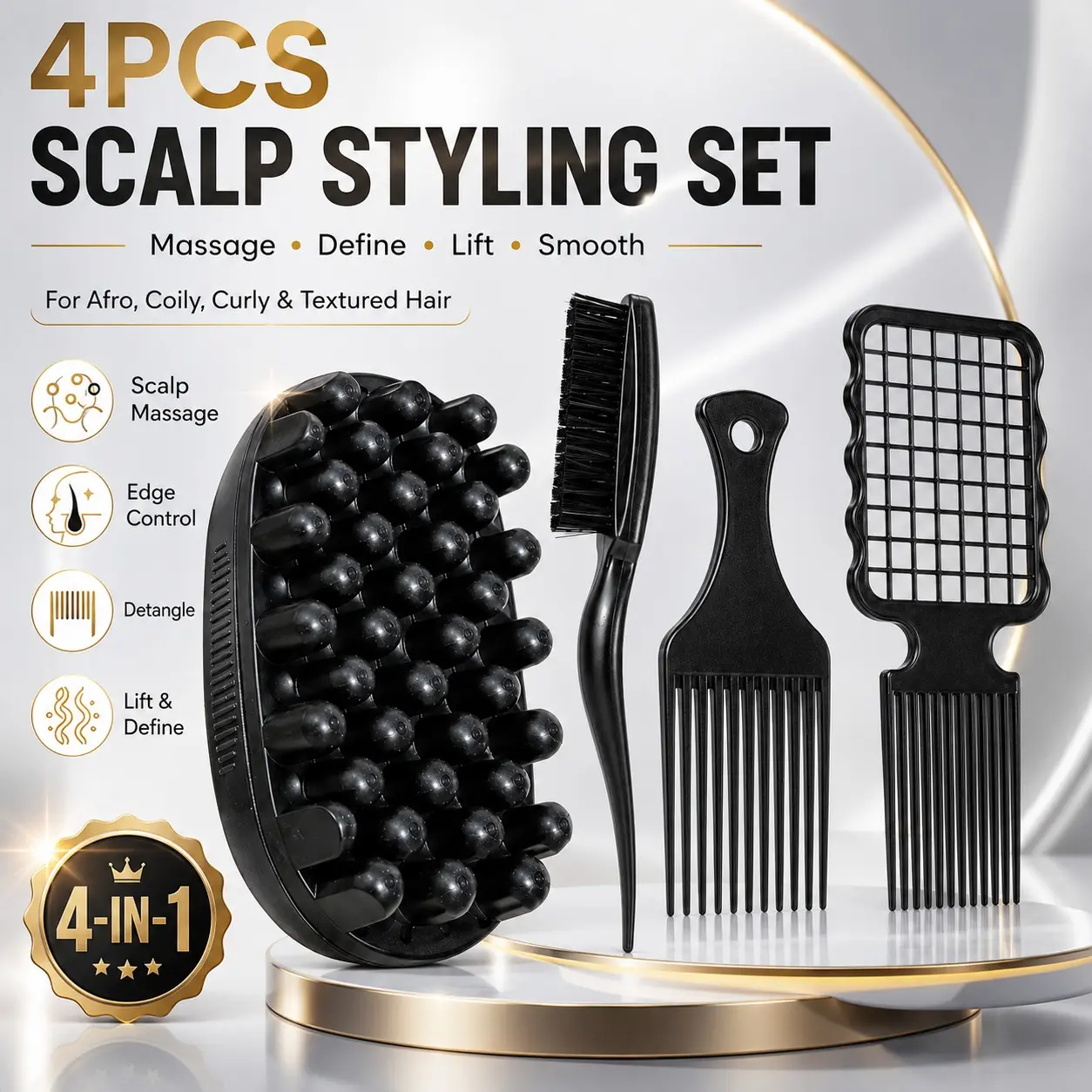 4PCS African Hair Styling Tool Set for Afro Curly Coily Textured Hair, Scalp Care Kit with Scalp Massage Brush, Edge Brush, Wide Tooth Pick Comb & Lift Comb, Detangling, Curl Defining, Root Lifting and Edge Smoothing Hair Tools