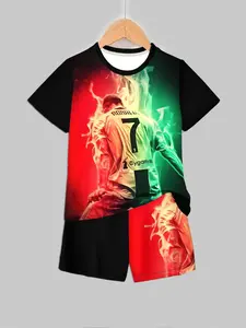 C Ronaldo 7 Number Flame Boy Set, Print Set Summer Football Star T-Shirt Shorts Two-Piece Set, Boys' Casual Sports
