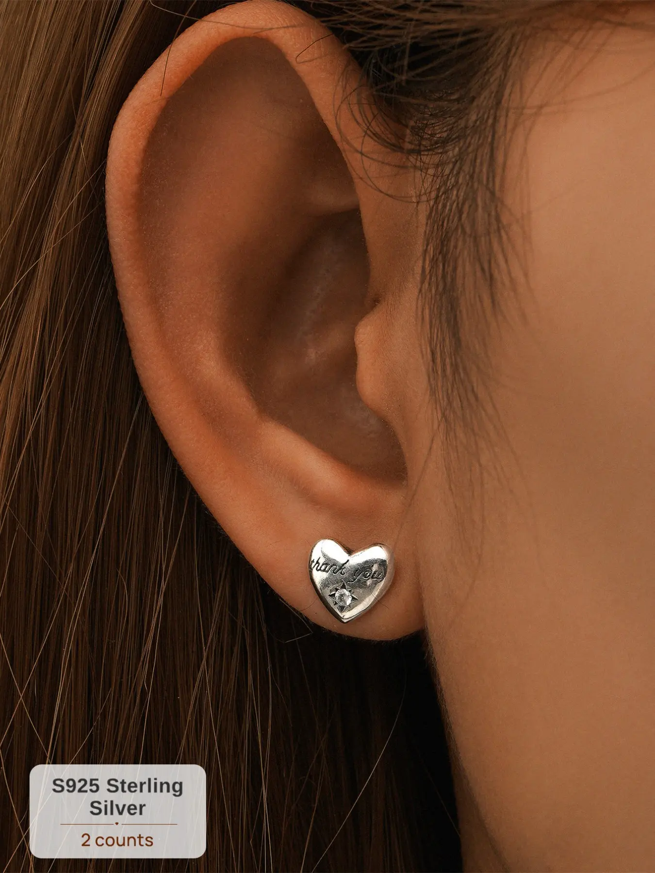 1 Pair Vintage S925 Sterling Silver Stud Earrings, Gothic Victorian "Thank You" Message Love Heart Sparkling CZ Inlaid Studs, Hypoallergenic Gratitude Jewelry Trendy Gift for Her