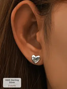 1 Pair Vintage S925 Sterling Silver Stud Earrings, Gothic Victorian "Thank You" Message Love Heart Sparkling CZ Inlaid Studs, Hypoallergenic Gratitude Jewelry Trendy Gift for Her