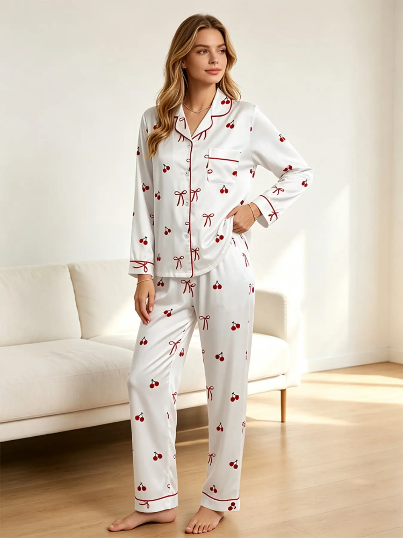 Women's Sleepwear Loungewear Set Cute Cherry Bow All Over Print Red White Contrast Trim Fruit Pattern Long Sleeve Button Down Chest Pocket 2 Piece Soft Comfy Breathable Pajamas Relaxed Fit Nightwear Casual Home Lounge Outfit