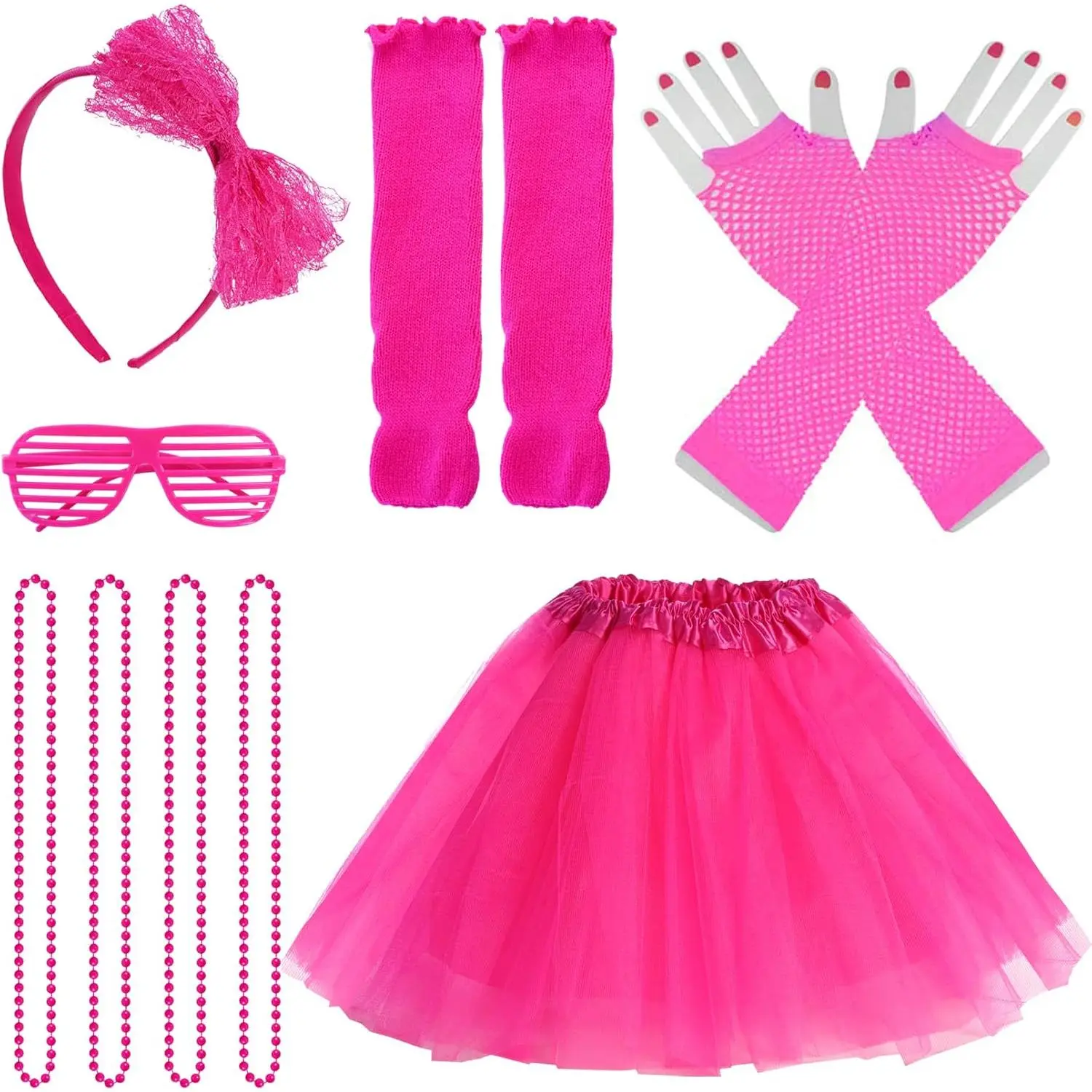 jiebor 80s Costume Outfits Accessories for Kids Girls Tutu Skirt Leg Warmers Fishnet Gloves Shutter Glass Headband Necklace