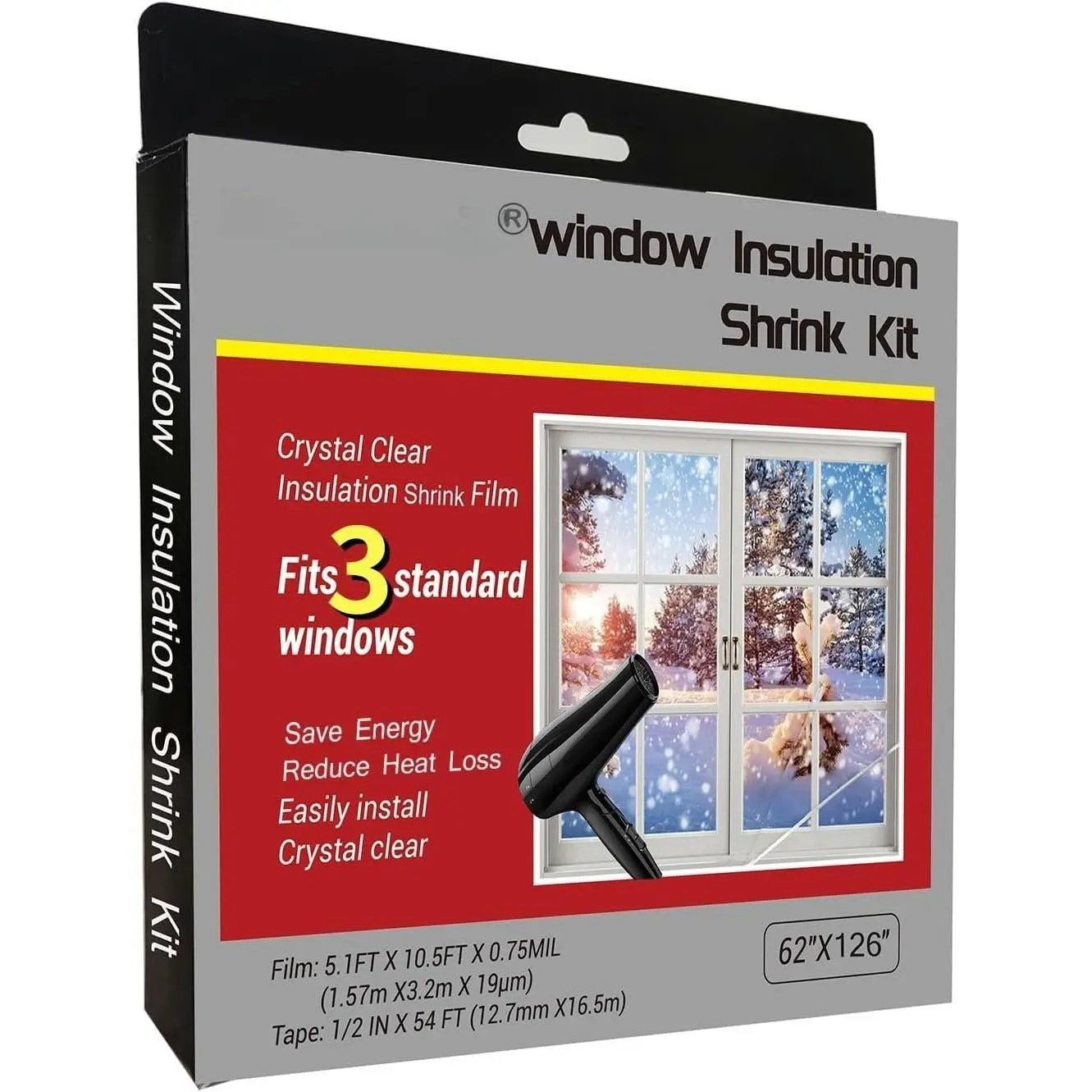 Indoor Window Insulator Kit- 3Windows(62-Inch x 126-Inch),Clear Film | Window Insulation kit for Shrink film Helps Keep Cold Air Out & Warm Air In, Heat Loss And  Costs