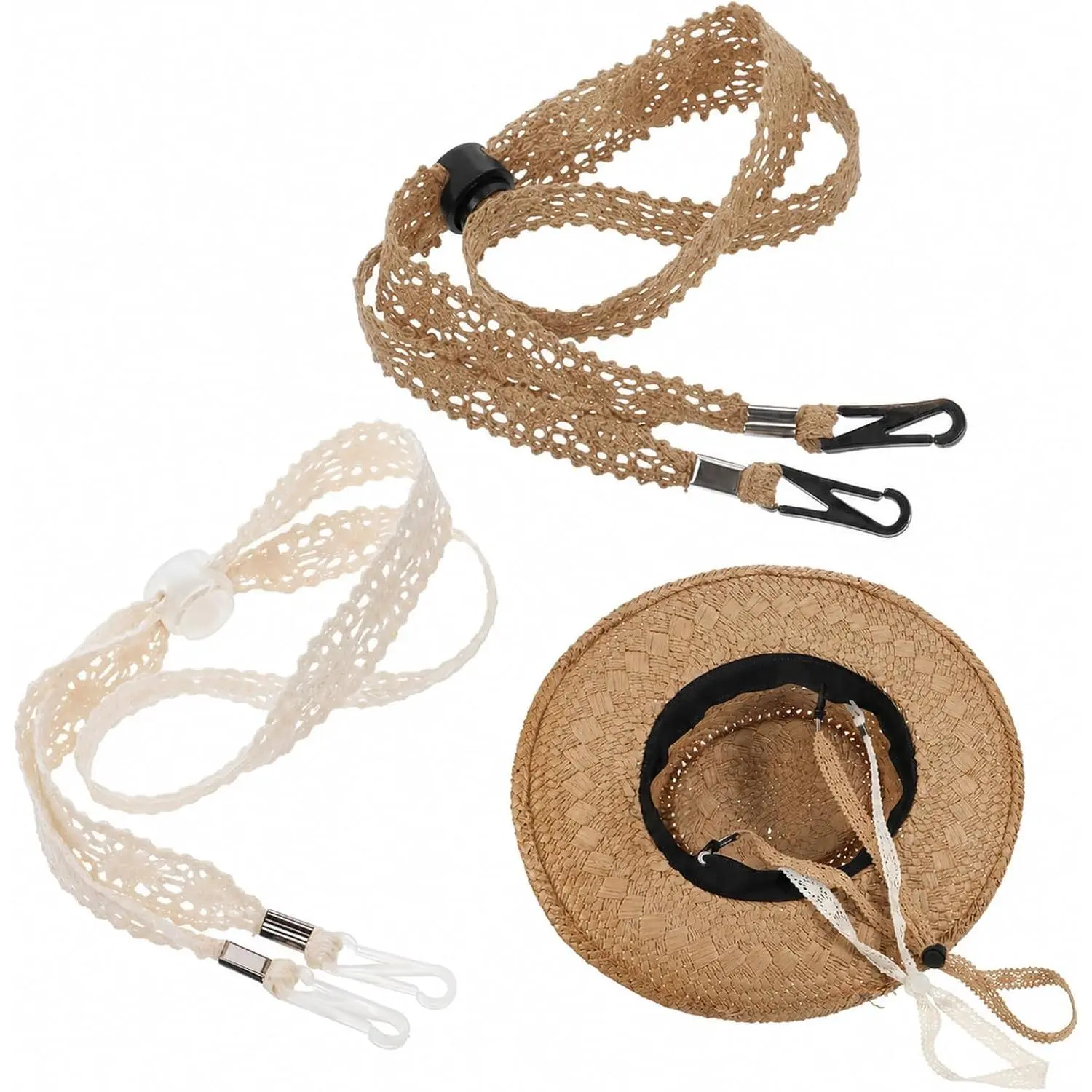 2 PCS Hat Straps for Wind, Adjustable Beige Black Chin Cord, Lace Hat Chin Strap with Clips, Windproof Keeper String for Hats