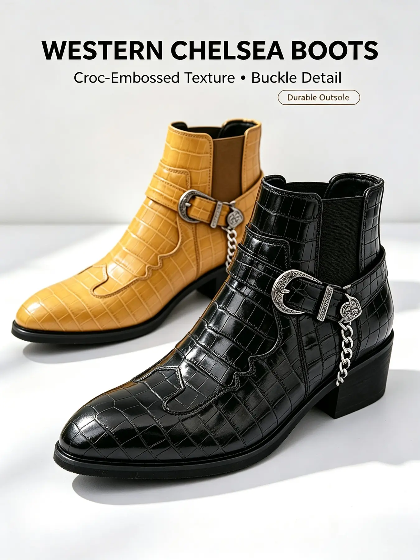 Men's Pointed Toe Western Chelsea Boots, Crocodile Texture, Metal Buckle Chain Decor, Mid-Calf, Chunky Heel, Vintage Work Boots