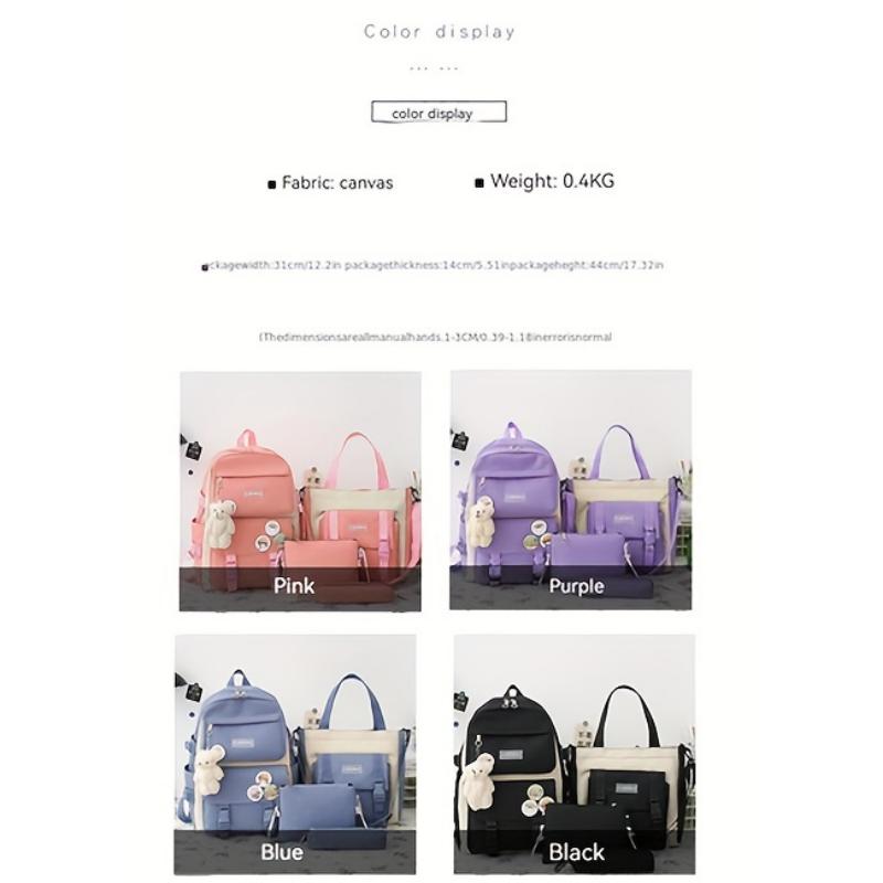 4pcs/set Simple Casual Backpack Large Capacity School Bag Travel Bag Canvas Shoulder Bag For Students