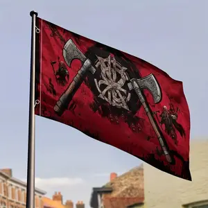 1pc Viking Fight for Glory Valhalla Flag - Bold Red And Black Viking Axes And Rune Design, Durable Polyester Outdoor Yard Decor for Holidays, Garden, Patio - No Electricity Needed Flag 3X5Ft