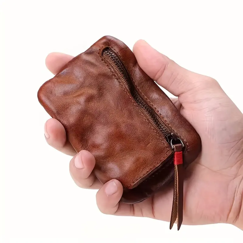Vegetable Tanned Leather Wallet Handmade Distressed Genuine Leather Mini Card Holder Coin Wallet Purse