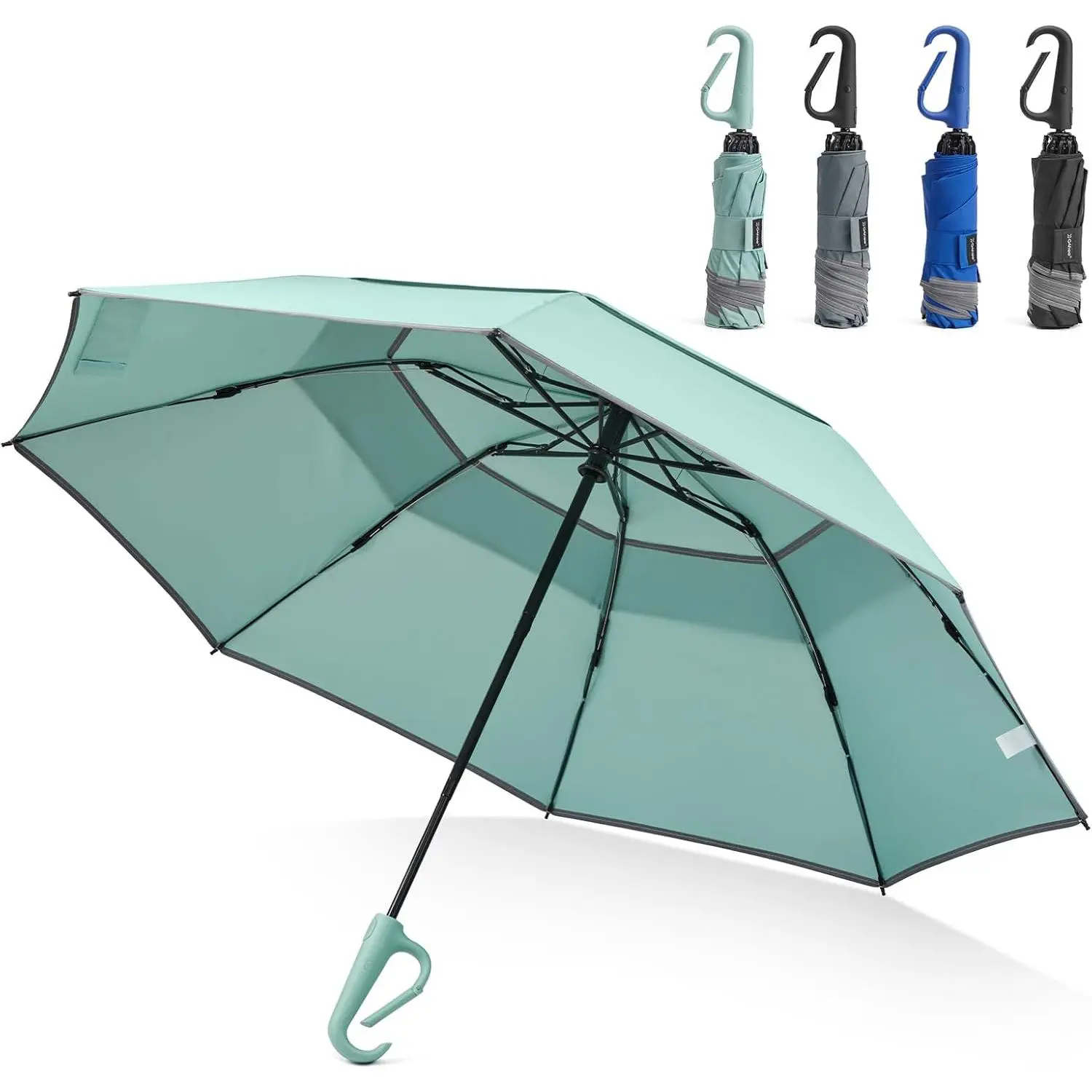 Foldable 46-in Arc Canopy Inverted Ring Buckle Rain Umbrella for Adults, 8-Rib Synthetic Cover, Automatic Windproof Compact Commute Umbrella with Carabiner Handle & Reflective Strip, 46 Inch Arc Canopy, Inverted Design