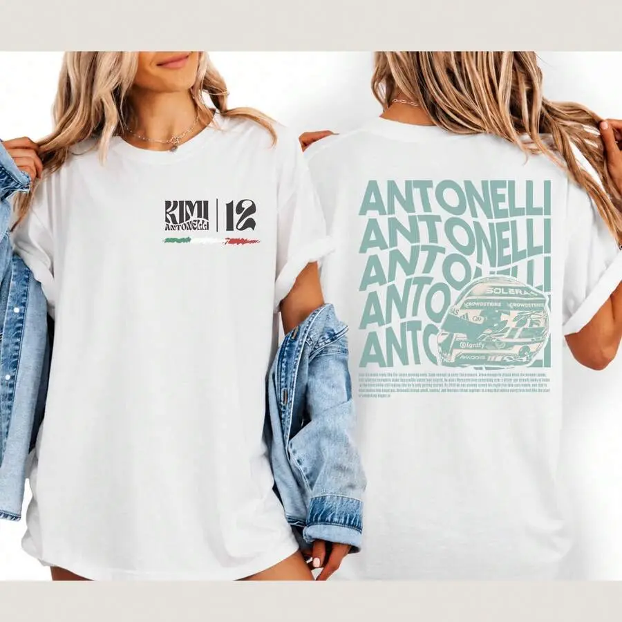 Kimi Antonelli 12 Racing Graphic Tee, Double Sided F1 Racer Helmet Print Crew Neck T-Shirt, Motorsports Casual Daily Wear Tee For Men Women