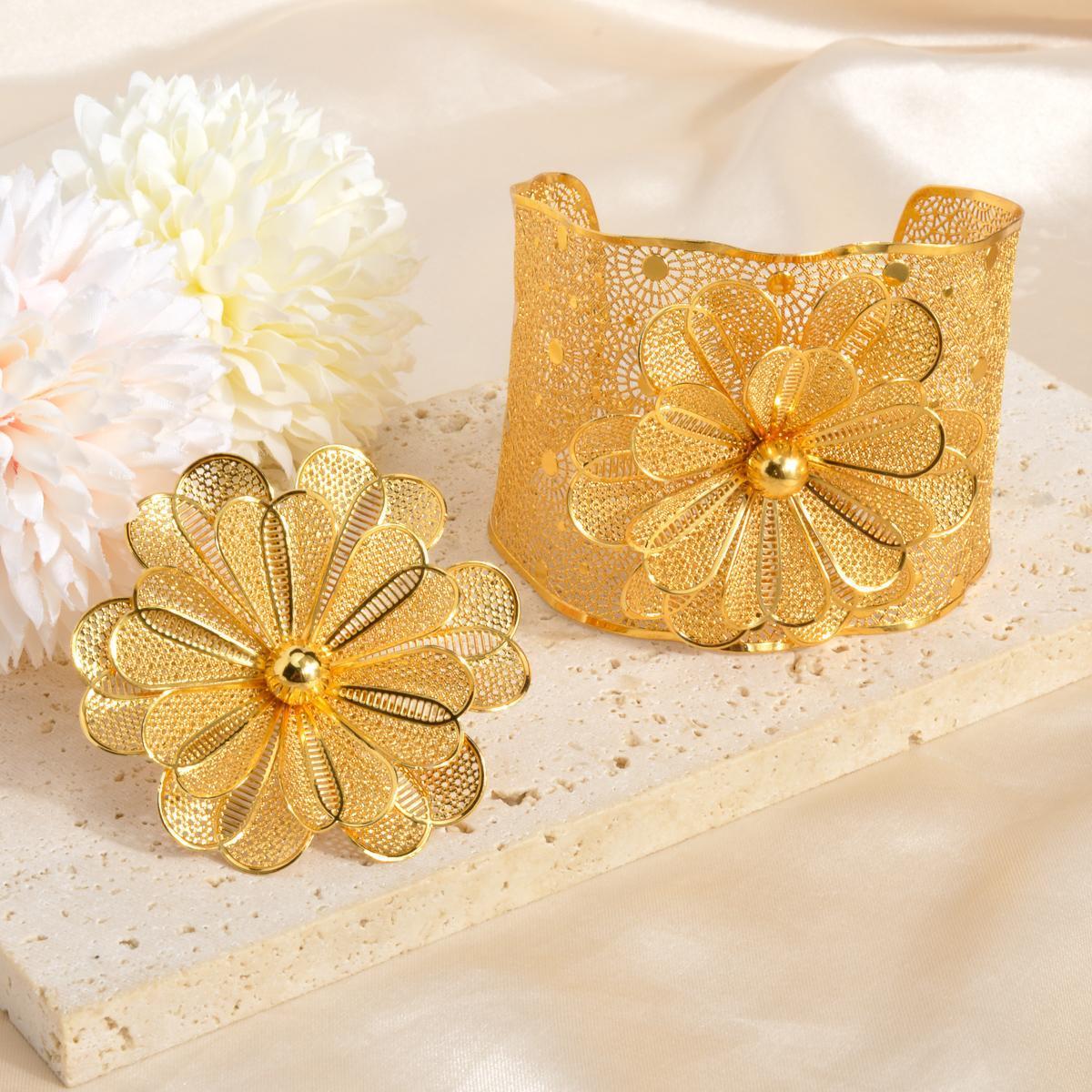 ZEADear Luxury Gold Plated Bangle Ring Sets Dubai Ethiopia France Indian Flower Rings Bracelet For Women Wedding Jewelry Gift