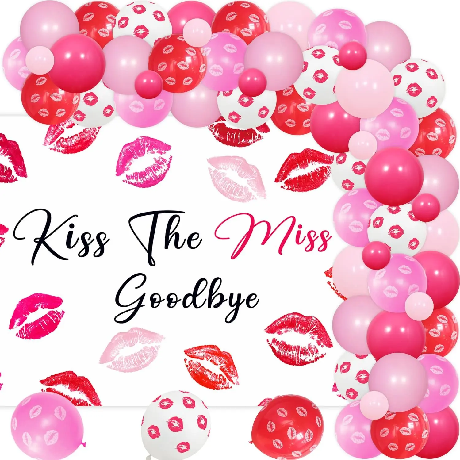 81Pcs Kiss the Miss Goodbye Bachelorette Decorations Hot Pink Balloon Garland Arch Kit with Kiss the Miss Goodbye Backdrop Red Lips Balloons for Hen Party Bridal Shower Party Suppiles