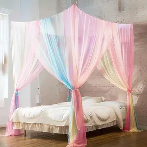 Curtains Bed Rainbow Net for Bed Four Corner Post Elegant Net Set, Stick Hook &Rope for net, Screen Netting Curtains, Full/Queen/King
