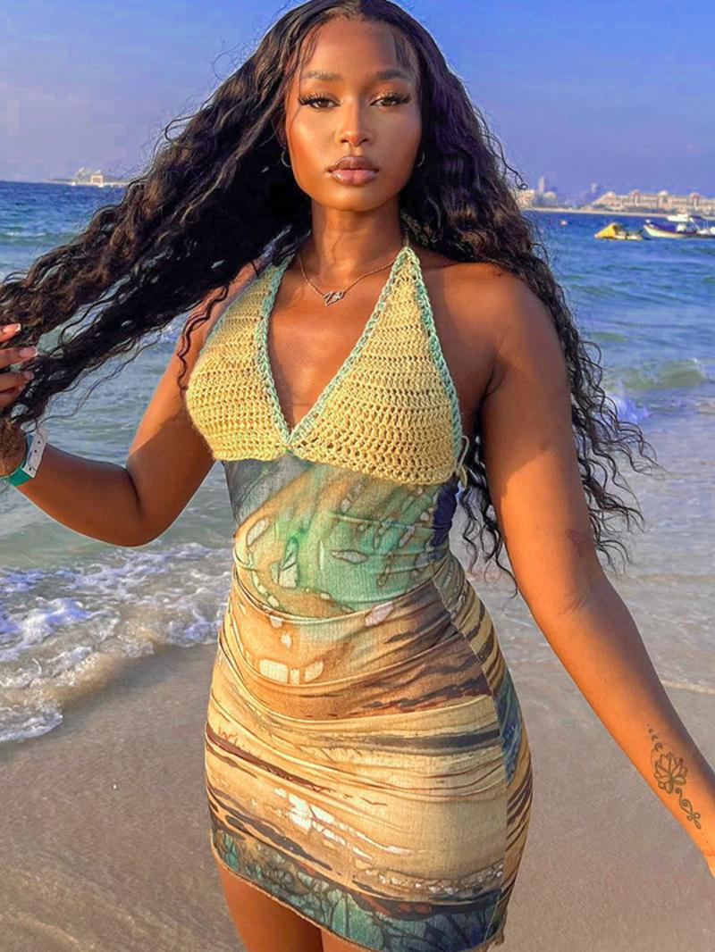 Women's Crochet Patchwork Backless Halter Neck Bodycon Dress, Casual Sleeveless Tie Back Hollow Out Dress for Summer, Fashion Women's Dress for Beach Holiday