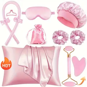 A must-have set for women of all ages. A must-have for home and travel 12pcs Sleep Hairstyling Tool Set, Curling Iron Set, Facial Massager, Hairband, Soft Sleep Mask, And Satin Sleep Cap For Hairstyling And Light Beige Queen Set, Satin Storage Bag, Women'