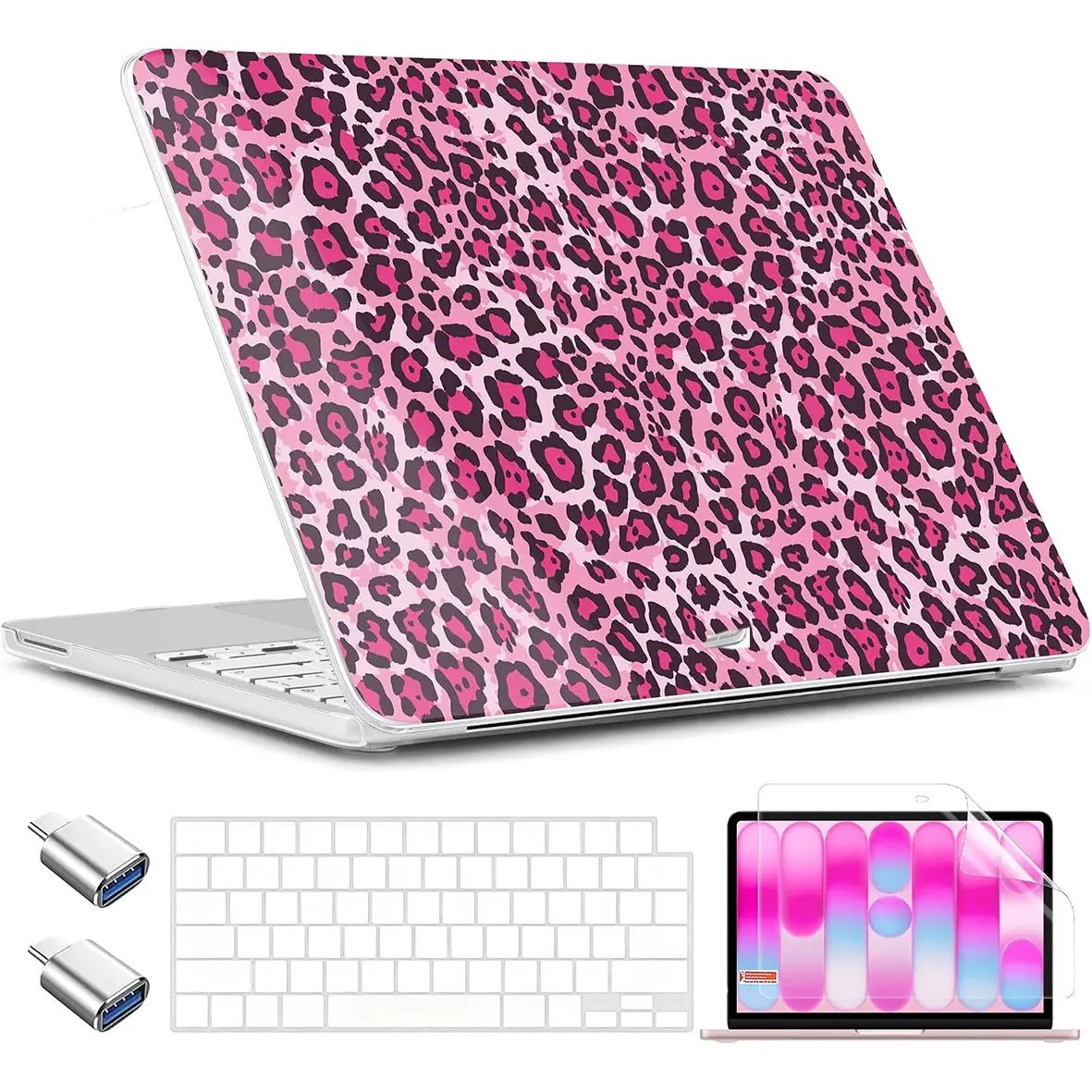 Nexabridge Macbook Neo 13 Inch Case, Hybrid Plastic Hard Shell, Type C Adapter, 2 Webcam Covers, Keyboard Cover, Screen Protector, Rose Leopard