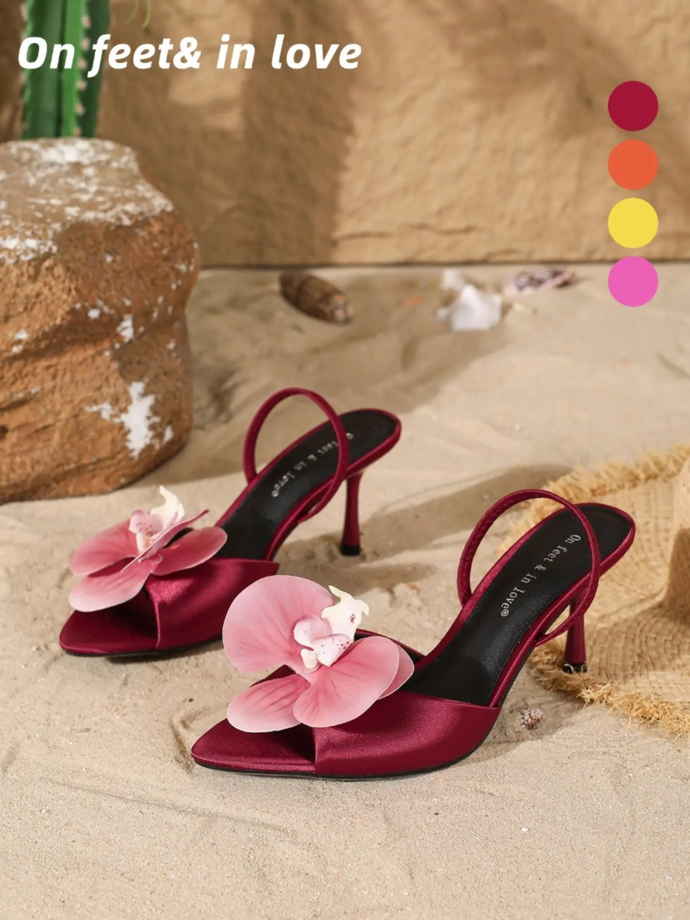 Women's All Sizes Burgundy Satin 3D Orchid Flower Pointed Open Toe Slingback Stiletto Heel Sandals, Fashionable Floral Sandals, Non Slip Cushioned Slip On for Beach Vacation Date Night Wedding Guest Cocktail Party Summer Outfits