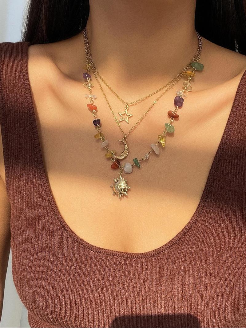 Women's Elegant Artificial Crystal & Star & Triple Moon Pendant Necklace, Fashion Jewelry for Party, Trendy All-match & Exquisite Jewelry for Gift, for Fall, Whimsical Necklace, Unique Gifts for Women, Statement Necklace, Necklace Stack