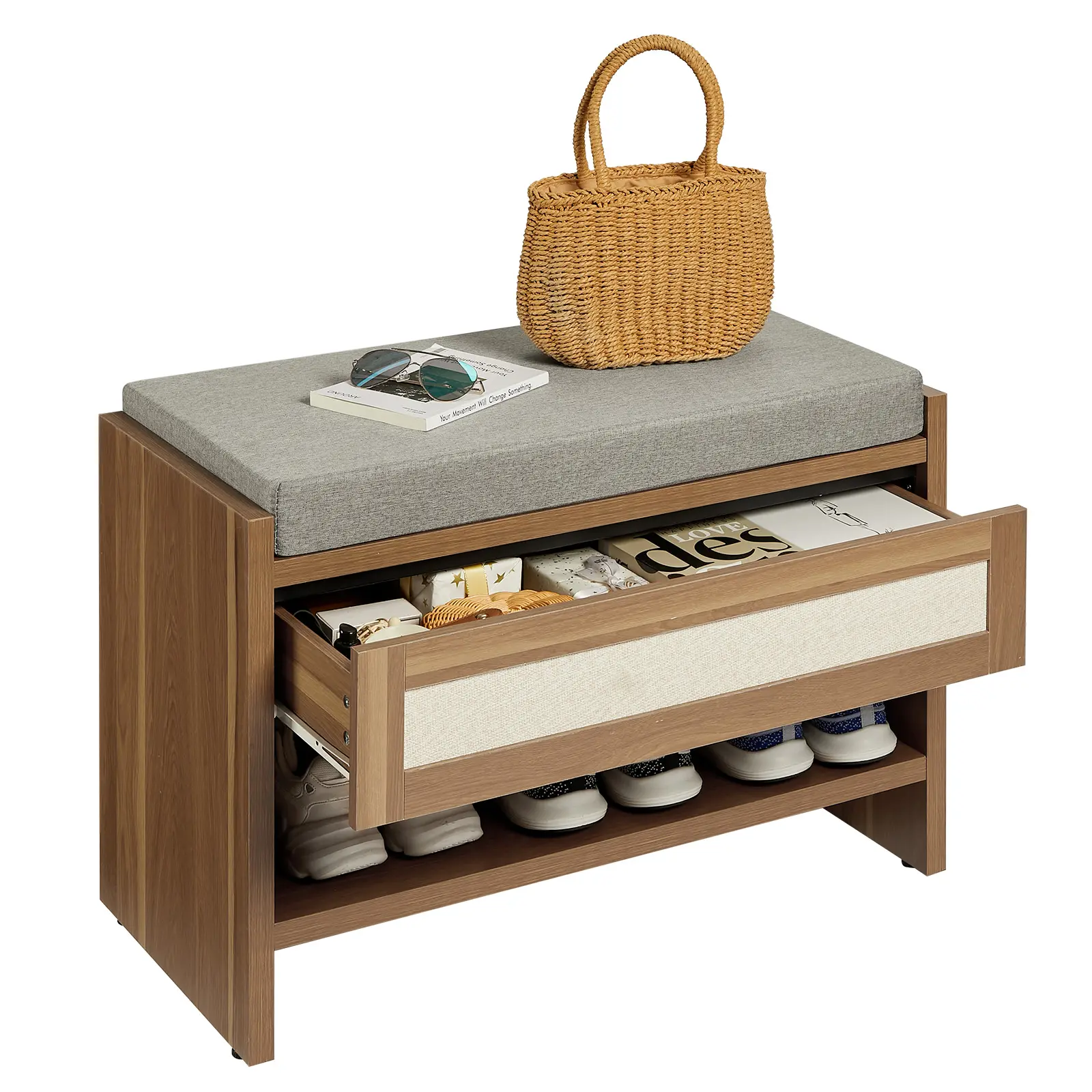 Rattan Entryway Shoe Bench with Cushioned Linen Seat – Stylish Wooden Storage Bench with Drawer and Open Shelf, Perfect for Hallway, Bedroom, or Mudroom