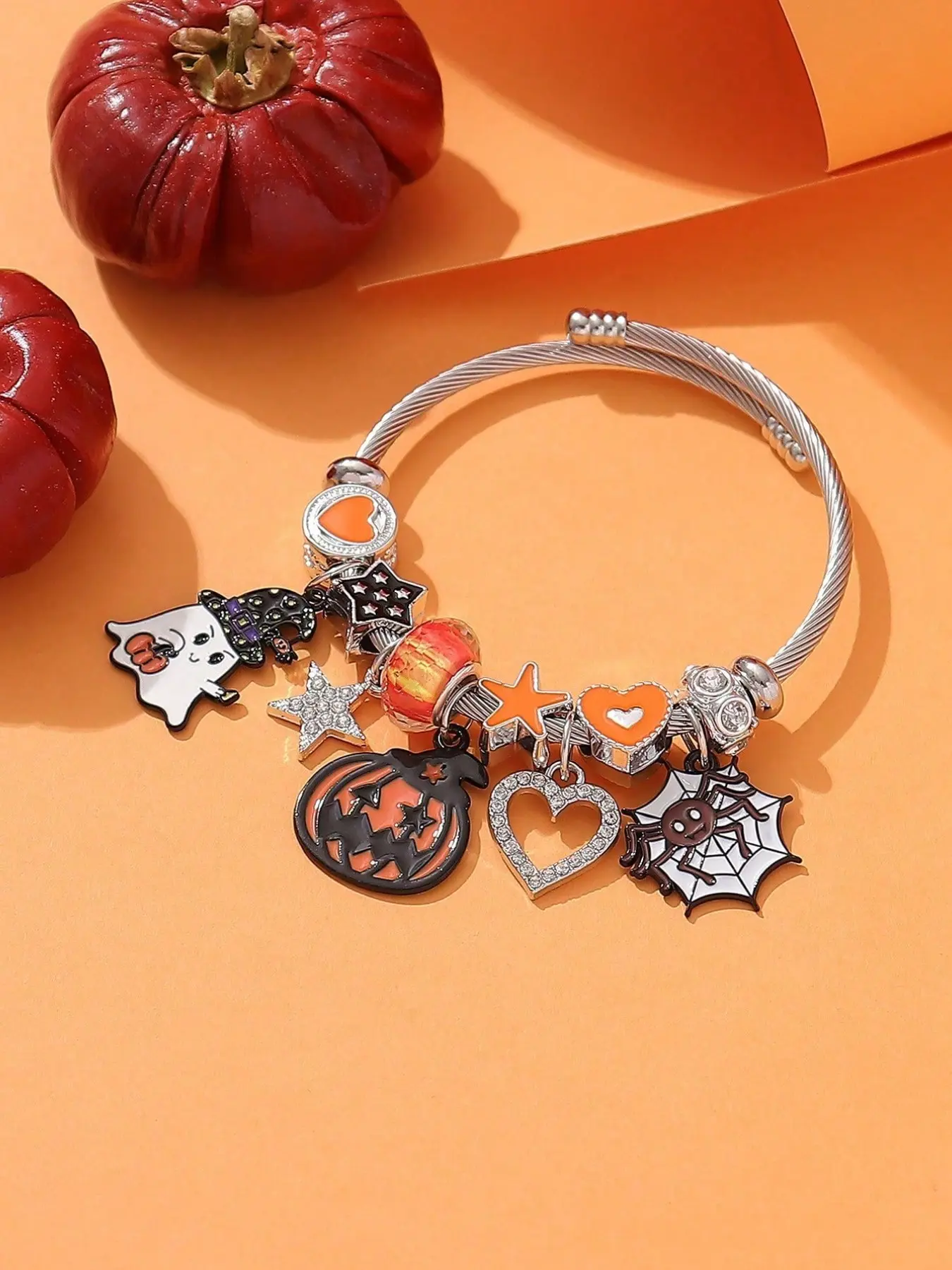 Halloween DIY Beaded Bracelet, Cute Ghost and Pumpkin Charms, Stainless Steel Open Bangle, Perfect Gift for Women, Party and Casual Wear
