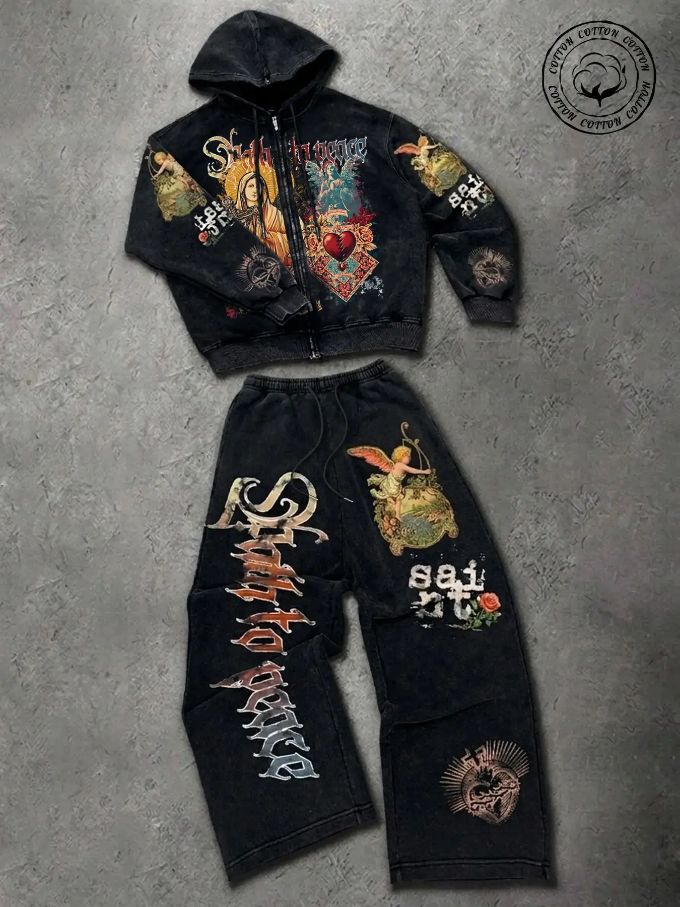 Men's Vintage Streetwear Mixed Set, Gothic Print Sweatshirt & Pants, Perfect for Skateboarding, Concerts, Nightclubs, Music Festivals