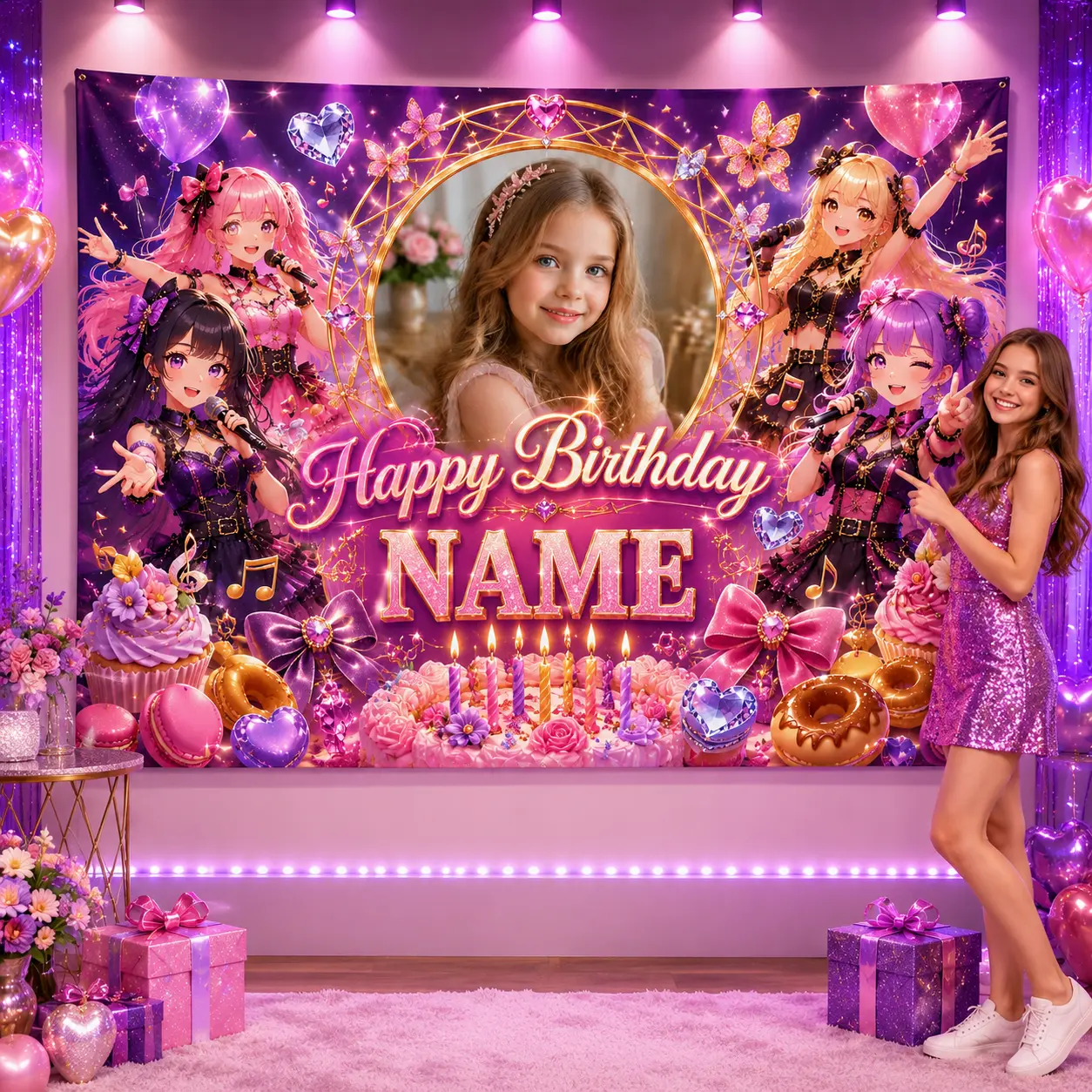 Customizable Pink-Purple Pop Star Birthday Backdrop - Personalized Name Photo Banner for Glam Theme Girl Music Party Decor with Sparkling Print