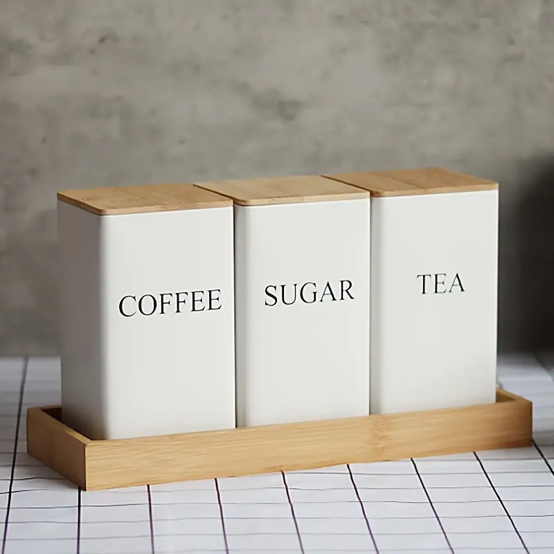 3Pcs TEA, COFFEE, SUGAR three combination sets storage box, spice jar, can store tea, coffee, fruit tea, candy, spices, seasonings, etc., home storage organizer, kitchen storage set, equipped with bamboo cover-metal storage container