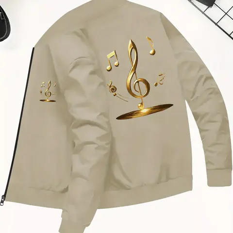 Men's Music Note Graphic Bomber, Casual Long-Sleeve Outerwear, Relaxed-Fit Streetwear for Fall and Winter, Casual Loose Jacket