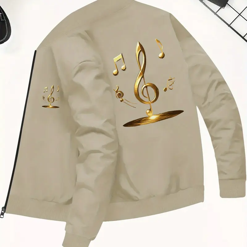 Men's Music Note Graphic Bomber, Casual Long-Sleeve Outerwear, Relaxed-Fit Streetwear for Fall and Winter, Casual Loose Jacket