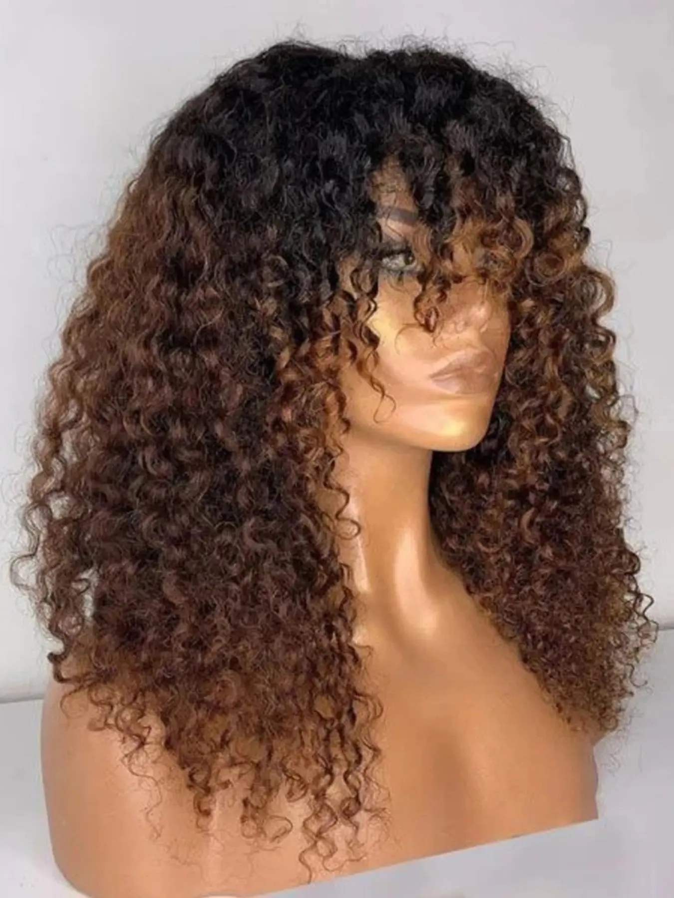 Ombre Brown Soft Long 26 Inch 180 Density Bangs Kinky Curly Front Lace Wig, Loose Curly Wig, Glueless Heat Resistant Synthetic Hair, Daily Wear Pre-plucked, Glueless Lace Wigs