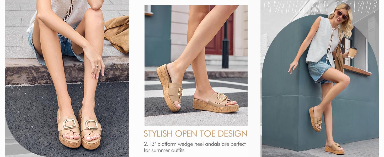 Fashare Womens Platform Sandals Cork Beach Slip on Wedges Metal Buckle Slides Open Toe Summer Shoes