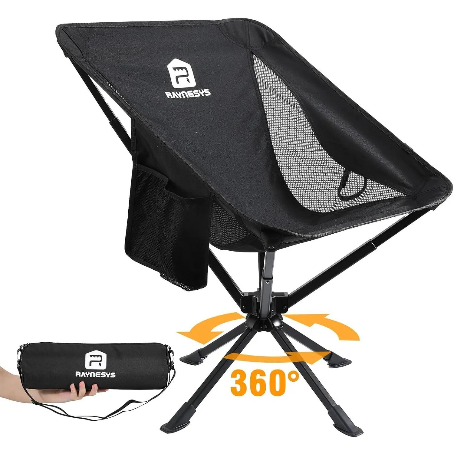 Raynesys Portable Swivel Camping Chair, 8 Seconds Quick Setup Easy Carry | 3.8Lb Lightweight Folding Chairs for Hiking, Beach, Sporting, Travel, 1 Pack, Black