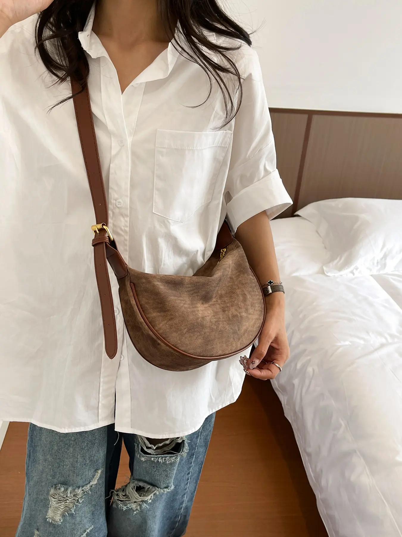 Vintage Crescent Underarm Bag, Adjustable Wide Strap, Casual Messenger Bag, Crossbody Shoulder Bag, Large Capacity, PU Leather, Metal Zipper, All Seasons