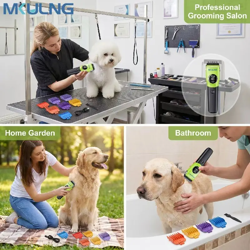 Mkulng Professional Cordless Low Noise Pet Grooming Clipper, Three Speed Settings, Six Combs Included,  Auxiliary Light