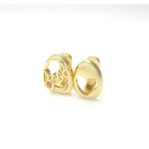 Hollow Heart Double Teeth Grillz Glossy Gold-Tone Hip Hop Dental Caps Unisex Adjustable Mouth Jewelry, Trendy Streetwear Accessory for Daily Outfit Party Rap Performance