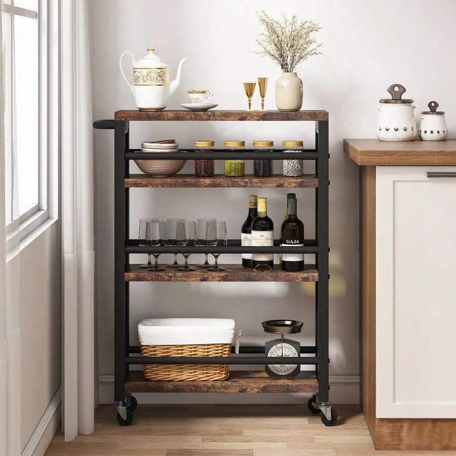 Slim Cart, Wood Utility Cart, Brown Carts With Wheels,Wooden Cart With Handle,4-Tier Spice Cart