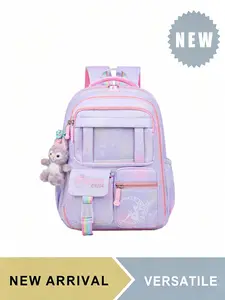 Cute Princess Gradient Backpack for Girls, Large Capacity Lightweight Kids School Bookbag with Plush Pendant & Multi Pockets, Breathable Padded Shoulder Straps, Multiple Colors Available, Great for School Travel Hiking Trekking Camping Picnic Outdoor Use