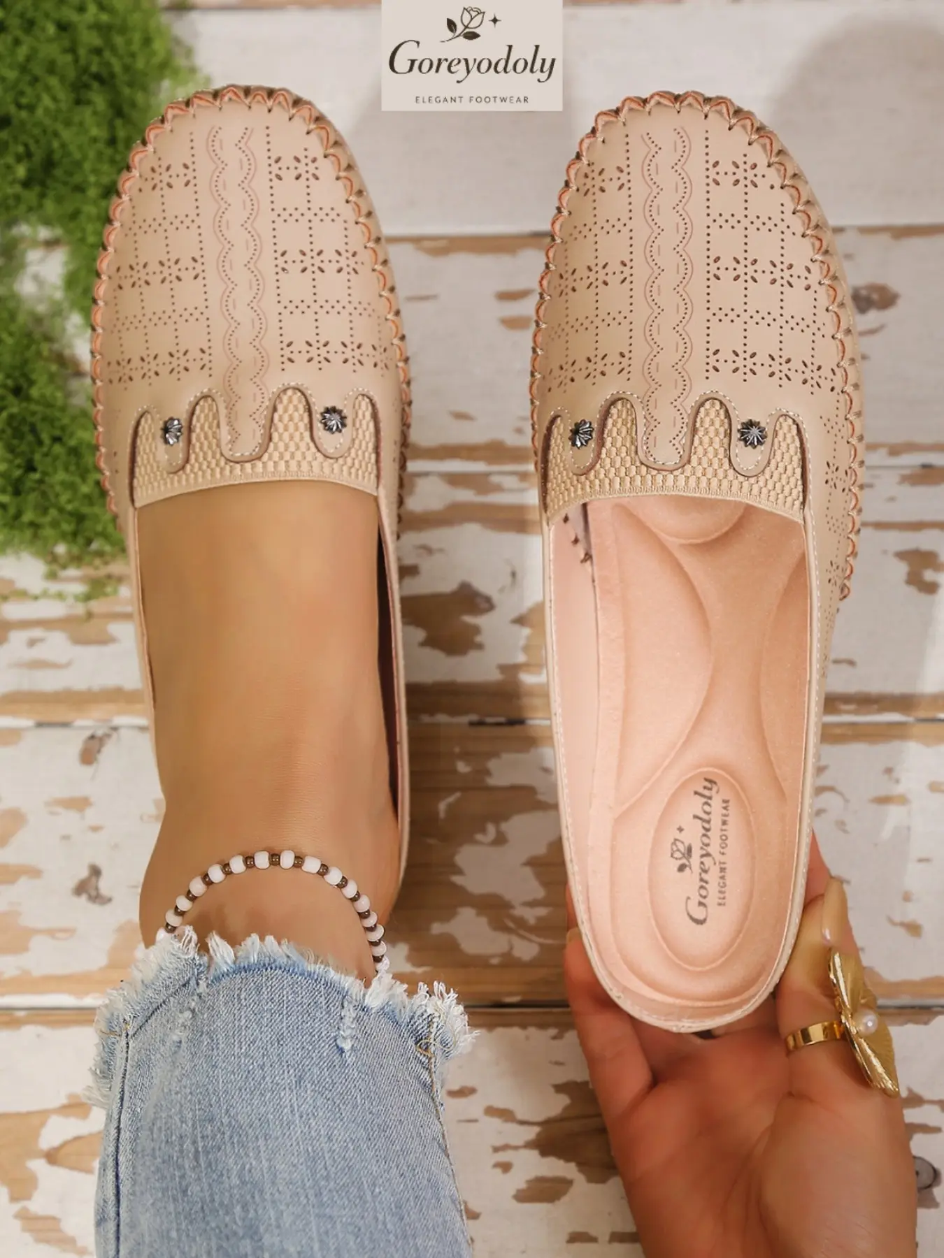 Goreyodoly women mule flats cutout design flower detail elastic slip on wide fit lightweight soft sole anti slip casual comfort backless shoes elegant style for commuting travel indoor outdoor all season wear